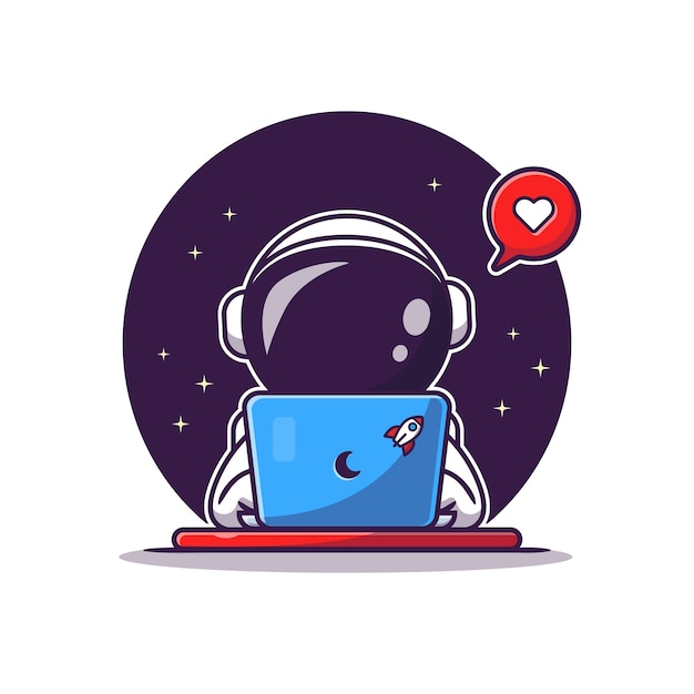 Cute Astronaut Operating Laptop Cartoon Vector Icon Illustration. Science Technology Icon 