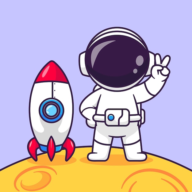 Free Vector cute astronaut peace on moon with rocket cartoon vector icon illustration science technology icon