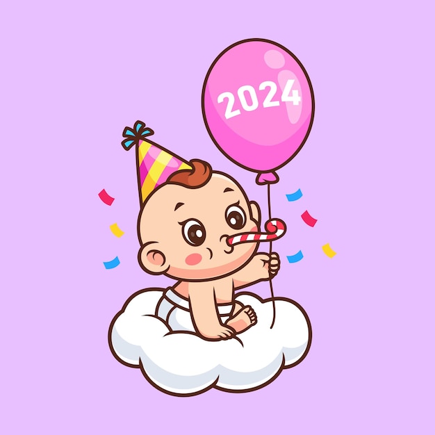 Free Vector cute baby holding balloon new year party 2024 on cloud cartoon vectoricon illustration people flat