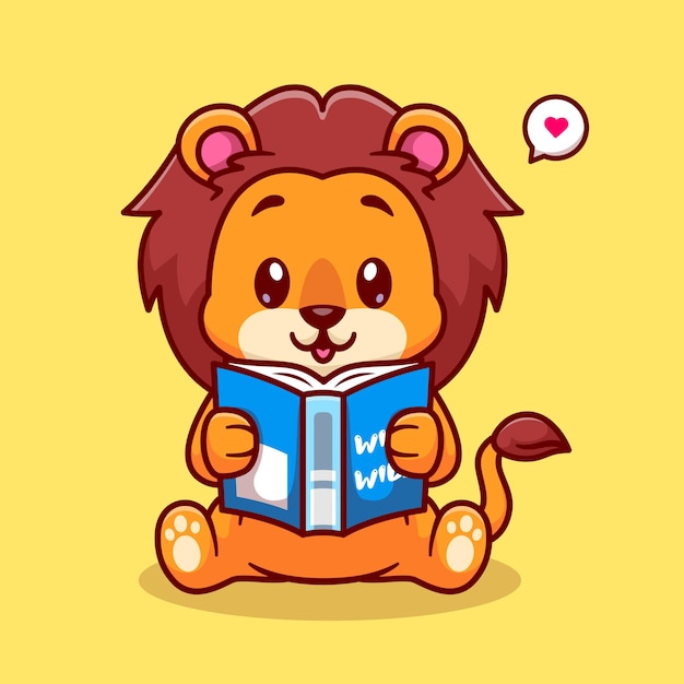 Free vector cute baby lion reading book cartoon vector icon illustration animal education icon concept isolated