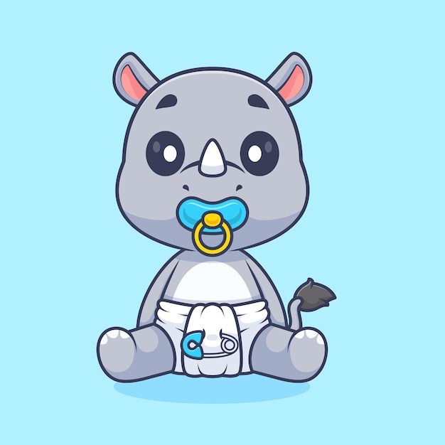 Free Vector cute baby rhino wearing pacifier and diaper cartoon vector icon illustration animal nature isolated