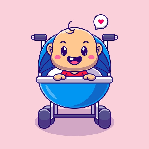 Free vector cute baby in stroller cartoon vector icon illustration people family icon concept flat cartoon