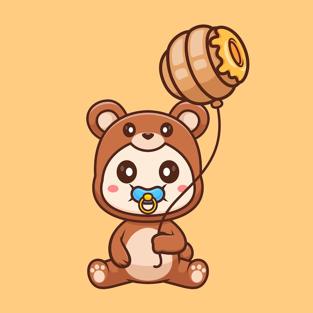 Free vector cute baby wearing bear costume with honeycomb balloon cartoon vector icon illustration people flat