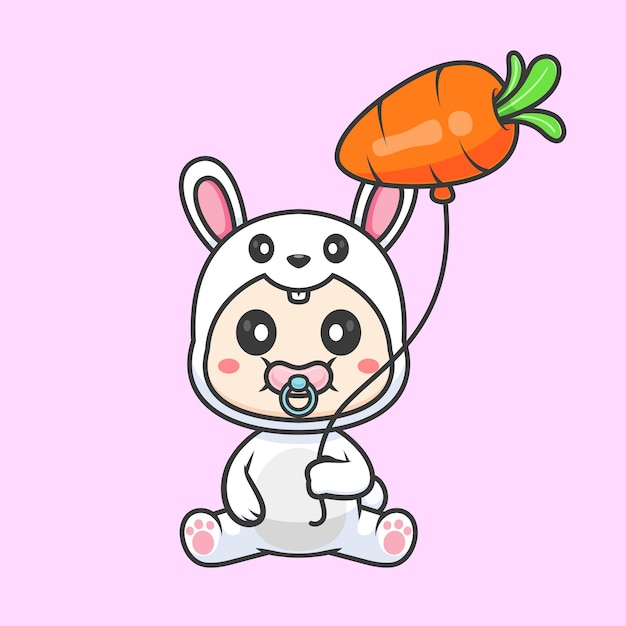 Free vector cute baby wearing rabbit costume with carrot balloon cartoon vector icon illustration people animal