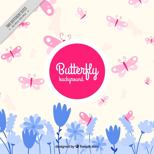 Free Vector cute background with pink butterflies and blue plants