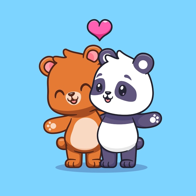 Cute Bear And Panda Couple Together Cartoon Vector Icon Illustration. Animal Love Icon Isolated