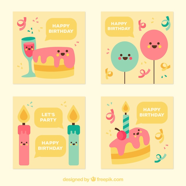 Cute birthday cards collection in flat style