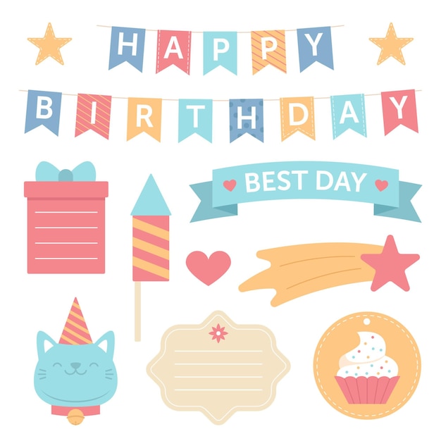 Free Vector cute birthday scrapbook pack