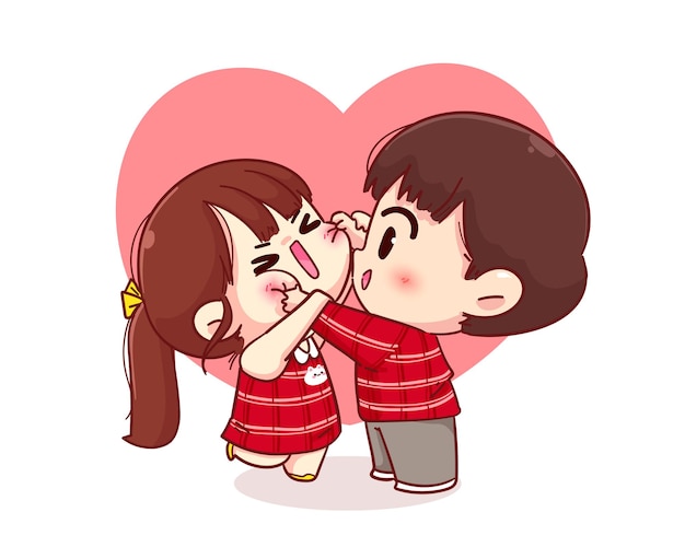 Free Vector cute boy cheek pinching his girlfriend, happy valentine, cartoon character illustration