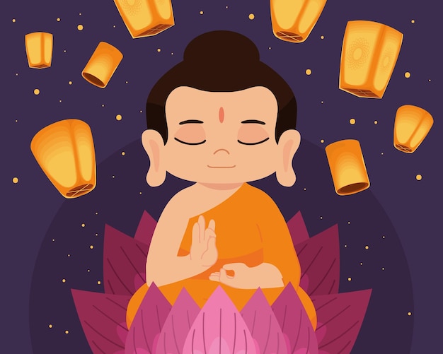 Free Vector cute buddha and lanterns in the night