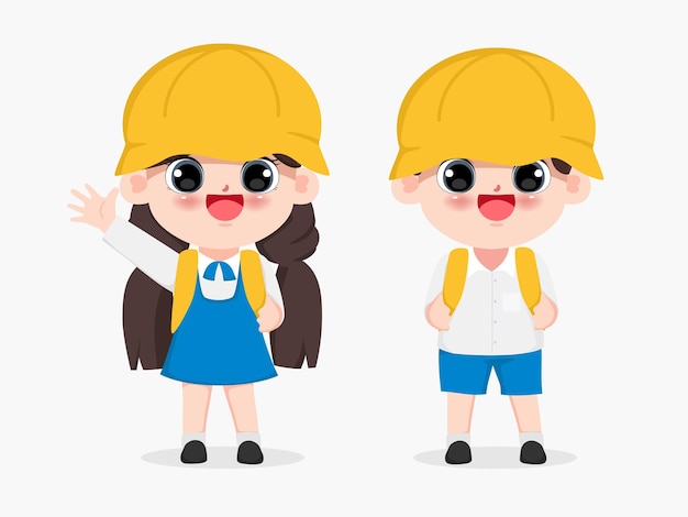 Free vector cute cartoon happy children in asian student uniform. character people vector illustration drawing.