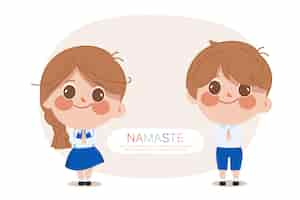 Free vector cute cartoon thai student namaste greeting in the school uniform.