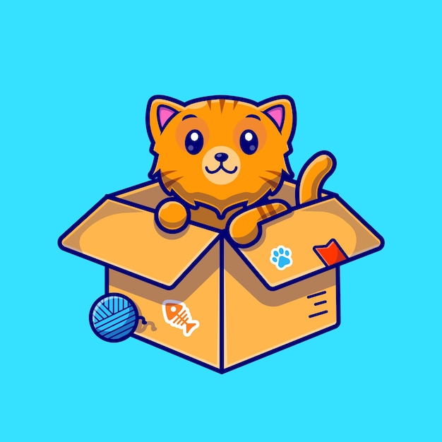 Free vector cute cat in box cartoon character. animal nature isolated.