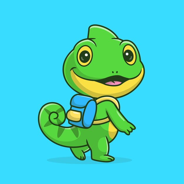 Cute Chameleon Go To School with Bag Cartoon Vector Icon Illustration Animal Education Isolated Flat