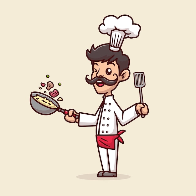 Vettore gratuito simpatico chef che cucina cibo con spatola e padella cartoon vector icon illustration persone cibo isolato