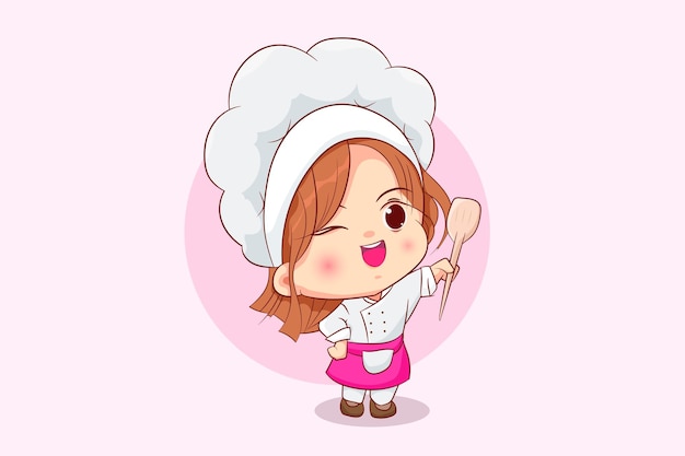 Free Vector cute chef girl cartoon art with pink color illustration