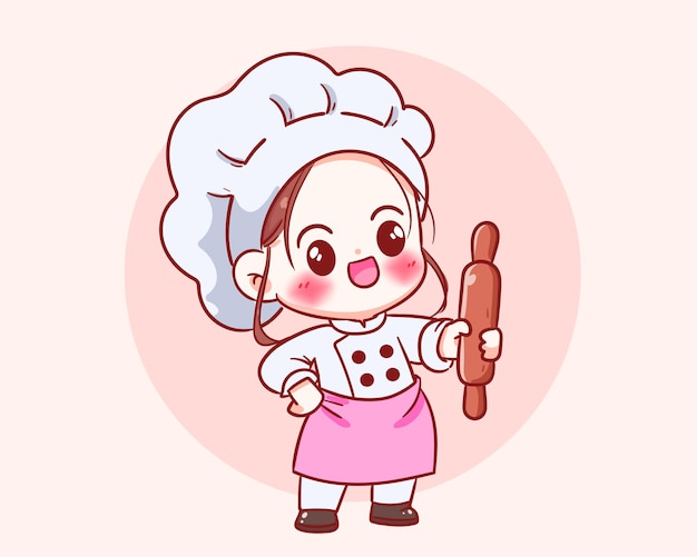 Free vector cute chef girl in uniform character holding rolling pin food restaurant logo cartoon art illustration