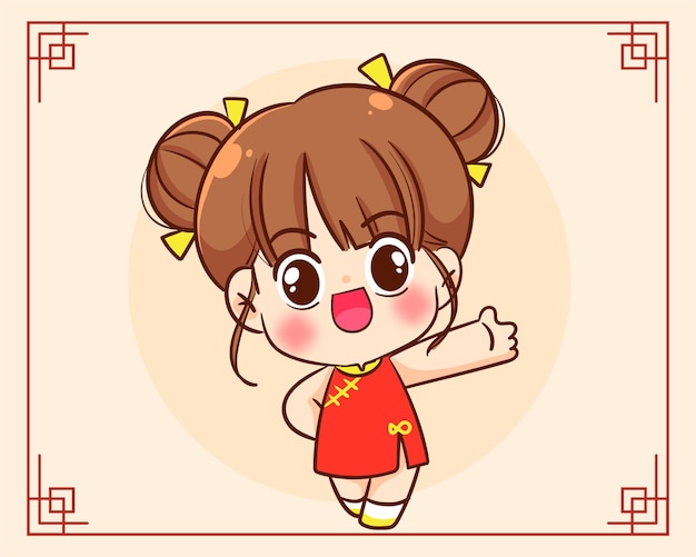Free vector cute chinese girl chinese happy chinese year character festival celebration hand drawn cartoon art illustration
