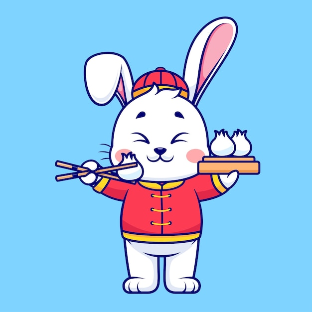 Free vector cute chinese rabbit eating dim sum with chopstick cartoon vector icon illustration animal food flat