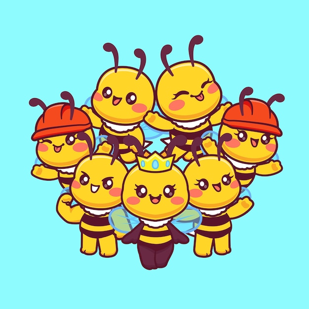 Free vector cute colony of bees cartoon vector icon illustration animal nature icon isolated flat vector