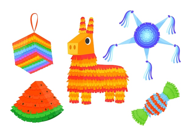 Free Vector cute colorful pinatas for parties vector illustrations set. mexican paper toys with treats inside in shape of donkey, candy for birthday or carnival isolated on white background. celebration concept