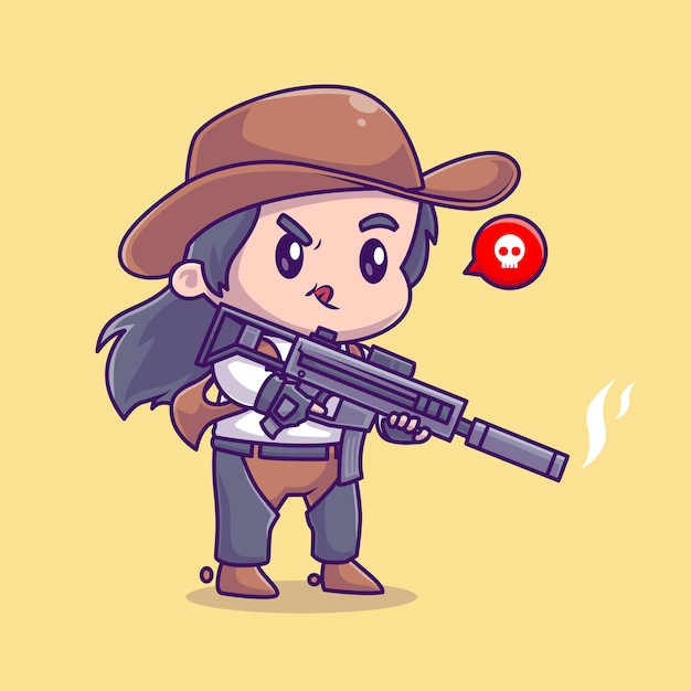 Free vector cute cowboy holding gun pistol cartoon vector icon illustration. people holiday icon isolated flat