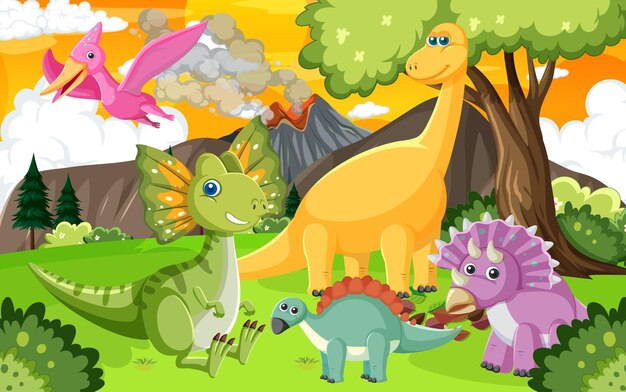 Cute dinosaur group in forest