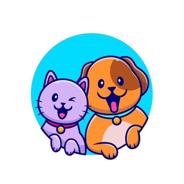 Cute Dog And Cute Cat Cartoon Illustration