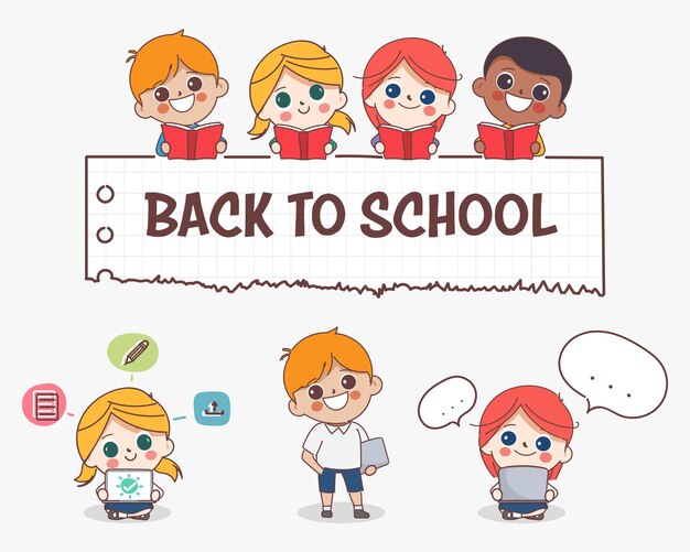 Cute doodle cartoon children student showing placard in the classroom Back to school