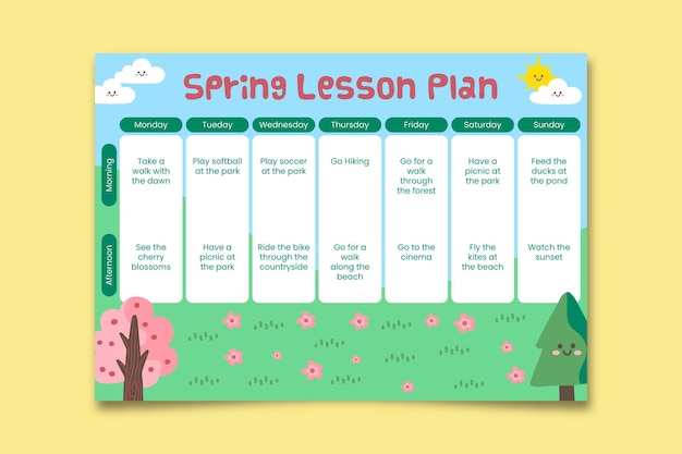 Free Vector cute floral weekly spring lesson plan