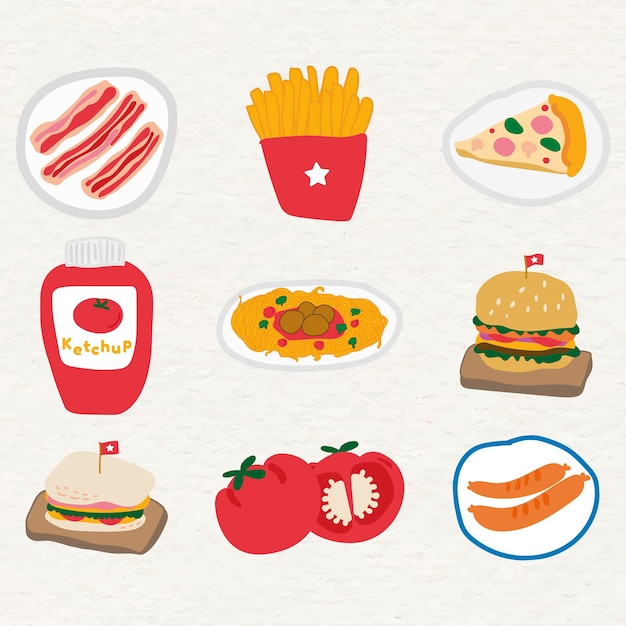 Free Vector cute food doodle sticker set  vector