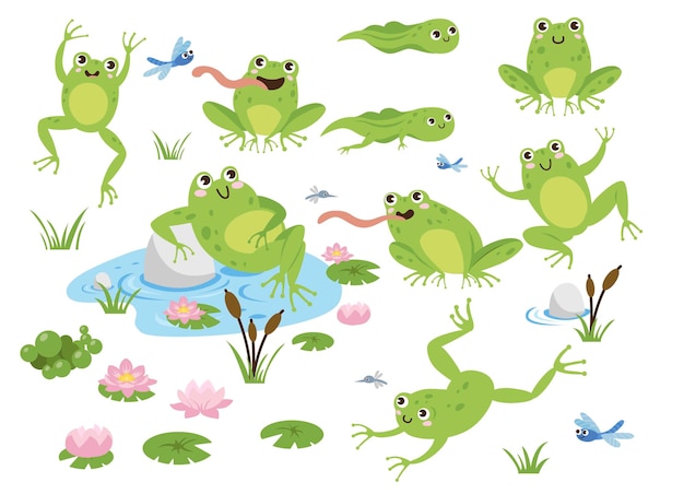 Free Vector cute frog cartoon characters illustrations set