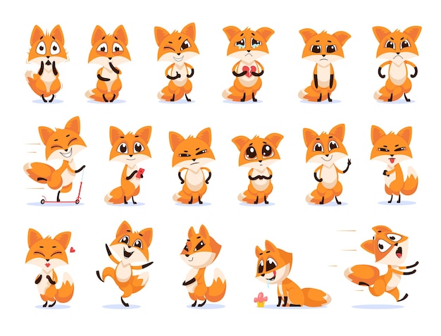 Free vector cute funny emotional fox set. cartoon illustration