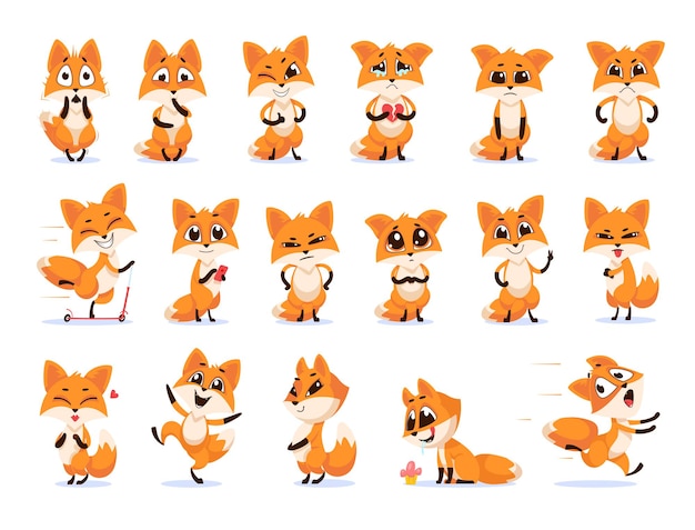 Cute funny emotional fox set. Cartoon illustration