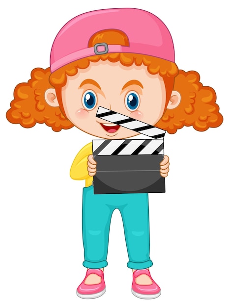 Cute girl cartoon character with curly pigtail hair holding film