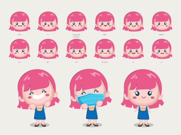 Free Vector cute girl character with different poses and emotions