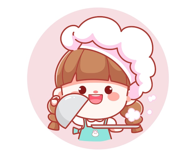 Free vector cute girl chef holding tray platter plate over banner logo cartoon art illustration