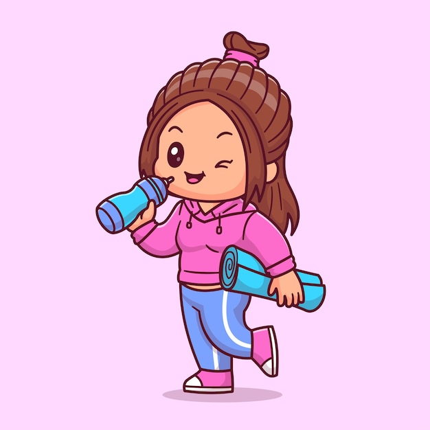 Free vector cute girl fitness holding bottle and mattress cartoon vector icon illustration people sport isolated