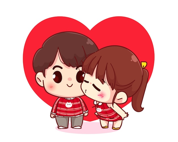 Free Vector cute girl kissing her boyfriend, happy valentine, cartoon character illustration