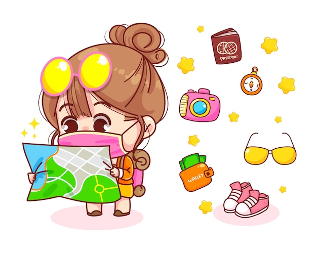 Free Vector cute girl with backpack looking at map cartoon illustration