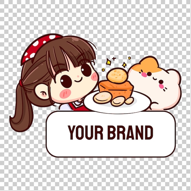 Free Vector cute girl with cat and honey toast sweet food logo banner cartoon drawing vector illustration