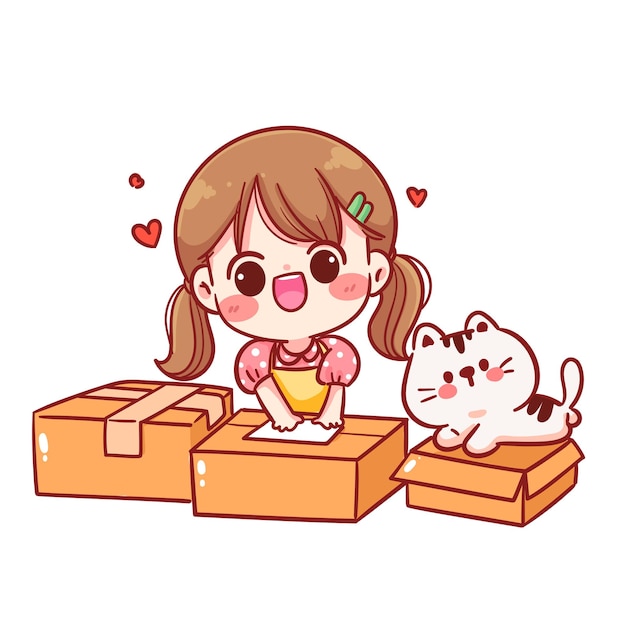 Free vector cute girl with cat packing goods into boxes cartoon character hand draw art illustration