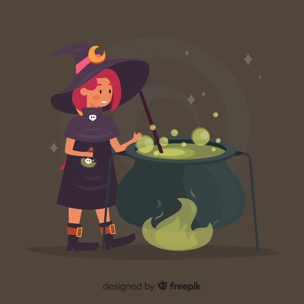 Free Vector cute halloween witch making spell