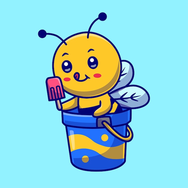 Free vector cute honey bee eating popsicle ice cream in bucket cartoon vector icon illustration animal food flat