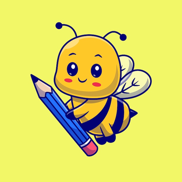 Free vector cute honey bee holding pencil cartoon vector icon illustration animal education isolated flat vector