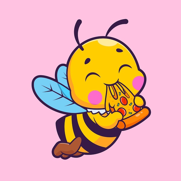 Free vector cute honeybee eating pizza cartoon vector icon illustration animal food icon isolated flat vector