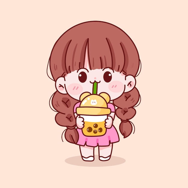 Free vector cute kid girl holding bubble milk tea hand drawn cartoon character illustration
