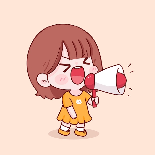 Free Vector cute kid girl holding megaphone hand drawn cartoon character illustration