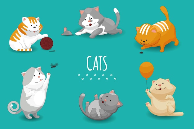 Free vector cute kittens illustration. set of cat and domestic cats playing