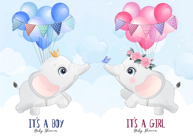 Free Vector cute little elephant flying with balloon watercolor illustration